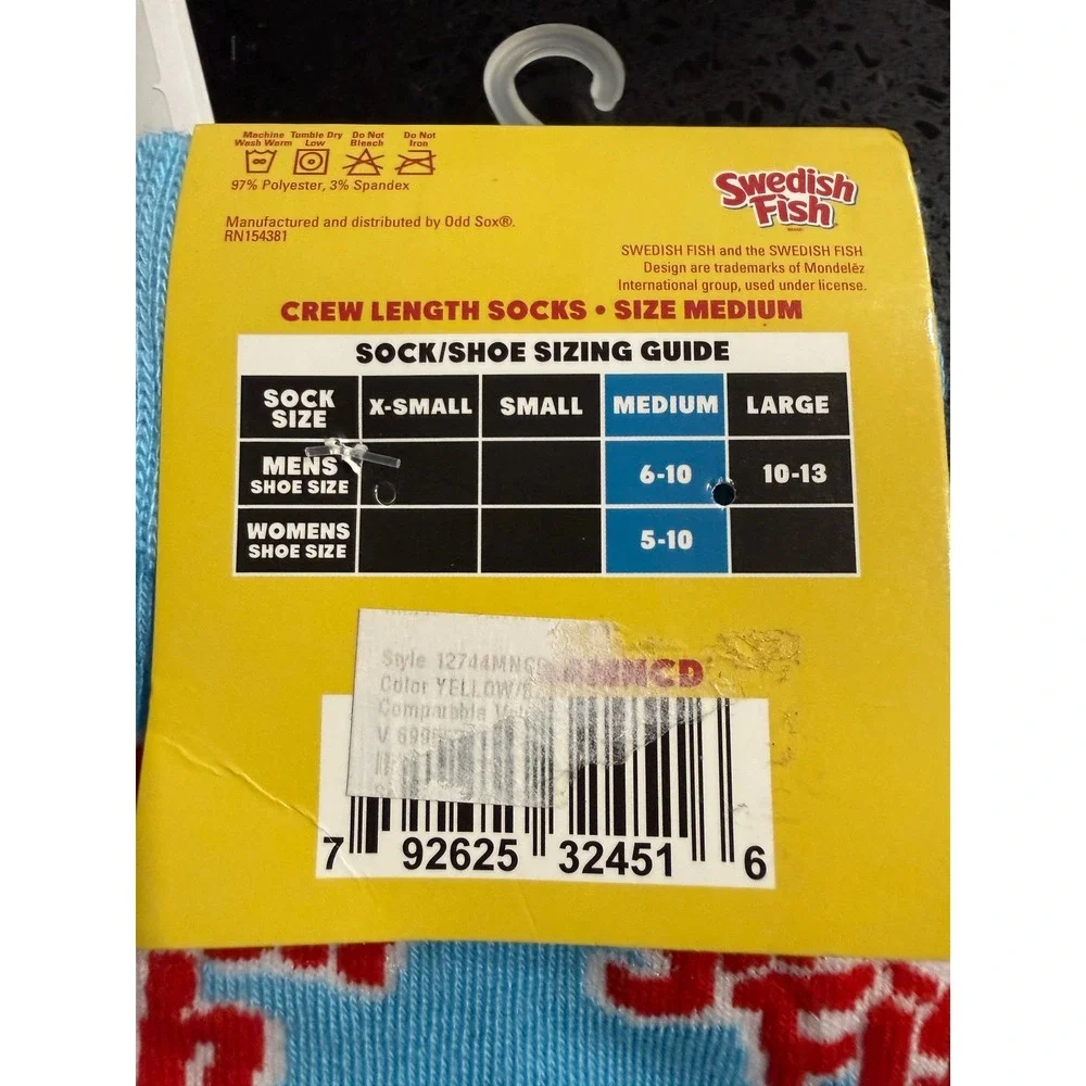 Swedish Fish 2 Pair Crew Socks Yellow Blue Candy Graphic Mens 6-10 12744MNGC NEW